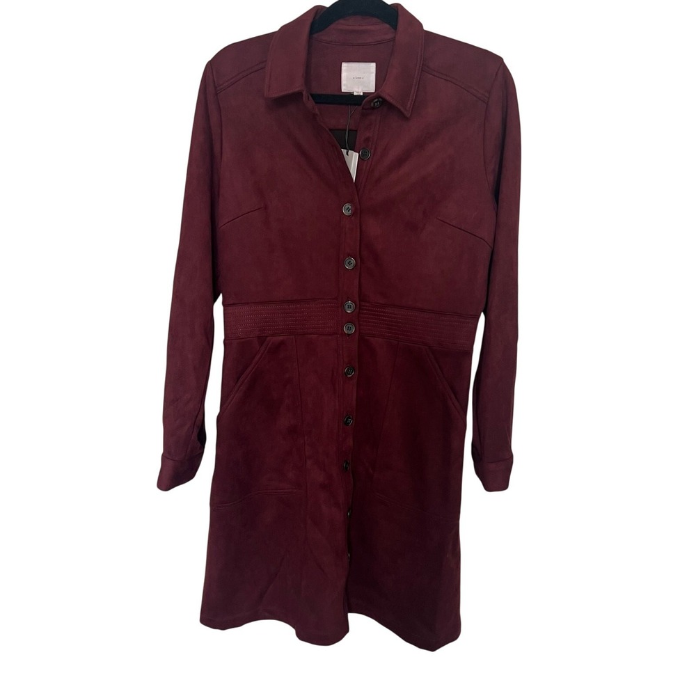 A Loves A Burgundy Faux Suede Button Down Shirt Dress Long Sleeve Mini Wine Red
